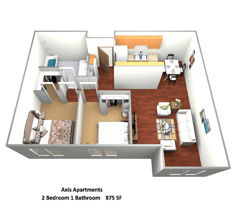 Floor plan for 2 beds, 1 bath, 1048 sqft